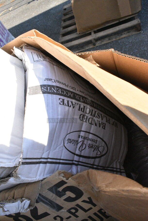 20 BRAND NEW Boxes Including 2 Box 347RPBD10WHG Visions 10" White Plastic Plate with Gold Bands - 120/Case, 5002WRAPNAPN EcoChoice WrapNap 2-Ply Natural Kraft 1/4 Fold Dinner Napkin 16" x 16" - 3000/Case, 500LFLAT Choice Clear Flat Lid with Straw Slot - 9, 12, 16, 20, and 24 oz. - 1000/Case, 5013339 Lavex Hercules 33 Gallon 2 Mil 33" x 39" Low Density Heavy-Duty Black Can Liner / Trash Bag - 100/Case, 50016W Choice White Poly Paper Hot Cup. 20 Times Your Bid!  - Image 7 of 12