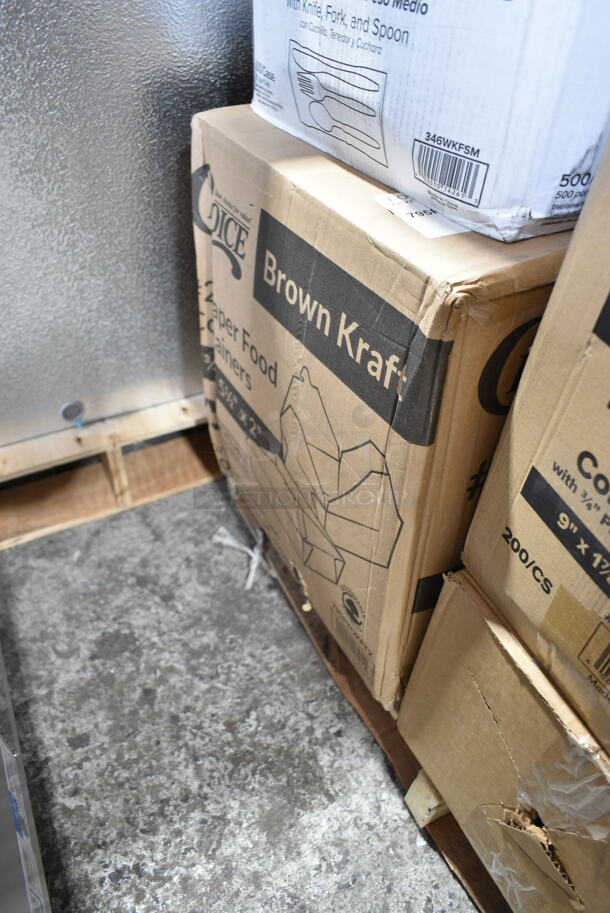 PALLET LOT of 28 BRAND NEW Boxes Including 4 Box 130HCUTFWR Visions Individually Wrapped White Heavy Weight Plastic Fork - 1000/Case, 130BKFSH Visions Wrapped Black Heavy Weight Plastic Cutlery Pack with Knife, Fork, and Spoon - 500/Case, 2 Box 395RP07 EcoChoice Compostable Sugarcane / Bagasse 7" Plate - 1000/Case, 394385L Noble Products White Powder-Free Disposable Latex Gloves for Foodservice - Large - 1000/Case, 612509PCO Choice 9" Round Standard Weight Foil Take-Out Pan with Dome Lid - 200/Case, 795PTOKFT2 Choice 7 3/4" x 5 1/2" x 2" Kraft Microwavable Folded Paper #2 Take-Out Container - 200/Case, 347TCL10 Choice 10 oz. Clear Disposable Plastic Tumbler - 500/Case, 346WKFSM Choice Medium Weight White Wrapped Plastic Cutlery Set with Knife, Fork, and Spoon - 500/Case, 627SSRD35175 Fat Daddio's SSRD-35175 ProSeries 3 1/2" x 1 3/4" Stainless Steel Round Cake / Food Ring Mold, Georgia Pacific Roll Towels 89440, AD12 Genpak 12 oz. Clear Hinged Deli Container - 200/Case, 5008W Choice 8 oz. Tall White Poly Paper Hot Cup - 1000/Case,  50010DWALLC Choice 10 oz. Coffee Break Print Smooth Double Wall Paper Hot Cup - 500/Case, 2 Box 15003545 Carnival King 5 1/2" x 3 1/4" x 12" Qt. Size Unprinted Foil Bag - 500/Case, 612P527 Choice 7" Clear Round Plastic Dome Lid - 500/Case. 28 Times Your Bid!  - Image 3 of 12