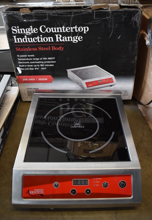 BRAND NEW IN BOX! Avantco 177IC3500 Stainless Steel Commercial Countertop Electric Powered Single Burner Induction Range. 208-240 Volts, 1 Phase. 13x17x4. Tested and Working!