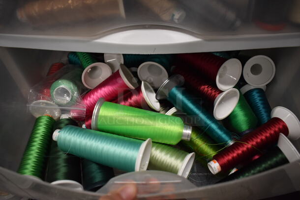 Expert Metal Commercial Floor Style Embroidery Machine on Commercial Casters w/ 2 Tiers Worth of Extra Parts, White 3 Drawer Cabinet of Thread and Pattern Board. Includes 25x34x64 - Image 6 of 12