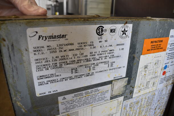 2012 Frymaster Model PH155-2SC ENERGY STAR Stainless Steel Commercial Floor Style Natural Gas Powered Deep Fat Fryer w/ 2 Metal Fry Baskets and Left Side Splash Guard on Commercial Casters. 40,000 BTU. 15.5x30x46 - Image 7 of 7