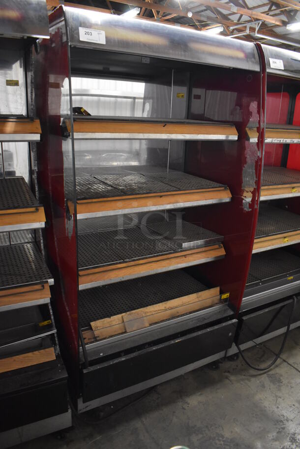 Fri-jado MD40-4 SB Stainless Steel Commercial Floor Style Open Grab N Go Heated Merchandiser w/ Metal Shelves on Commercial Casters. 208 Volts, 1 Phase. 39.5x30.5x79