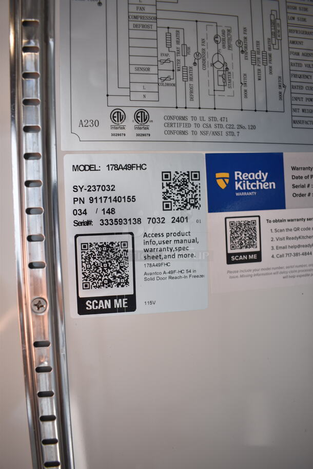 BRAND NEW SCRATCH AND DENT! 2024 Avantco 178A49FHC Stainless Steel Commercial 2 Door Reach In Freezer w/ Poly Coated Racks on Commercial Casters. 115 Volts, 1 Phase. Cannot Test - Interior Pieces are Detached - Image 9 of 9