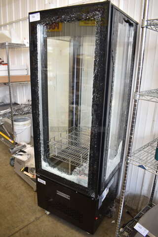 BRAND NEW SCRATCH AND DENT! Avantco 193GD4C15HCB Black 4-Sided Glass Refrigerated Display Case on Commercial Casters. See Pictures for Broken Glass. 110-120 Volts, 1 Phase. Tested and Working!