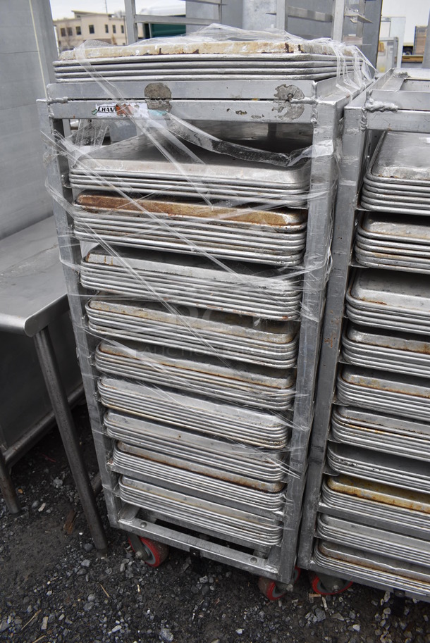 Metal Commercial Pan Transport Rack on Commercial Casters w/ 56 Metal Full Size Baking Pans. 21x26x52. 18x26x1