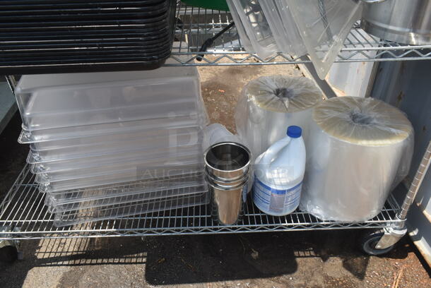 Chrome Finish 4 Tier Wire Shelving Unit w/ Contents Including Trays and Poly Bins on Commercial Casters. BUYER MUST DISMANTLE. PCI CANNOT DISMANTLE FOR SHIPPING. PLEASE CONSIDER FREIGHT CHARGES. - Image 4 of 5