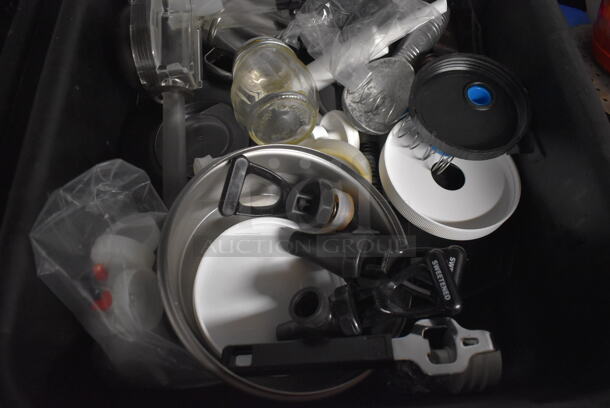 ALL ONE MONEY! Lot of 2 Black Poly Bus Bins Including Metal Lids, Poly Condiment Bottle Lids and Mandolin Slicer Holder - Image 7 of 7