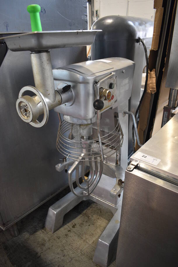 Model SM-30 Metal Commercial Floor Style 30 Quart Planetary Dough Mixer w/ Bowl Guard, Paddle Attachment, Meat Grinder, Tray and Pusher. 110 Volts, 1 Phase. 24x30x55. Tested and Powers On But Parts Do Not Move