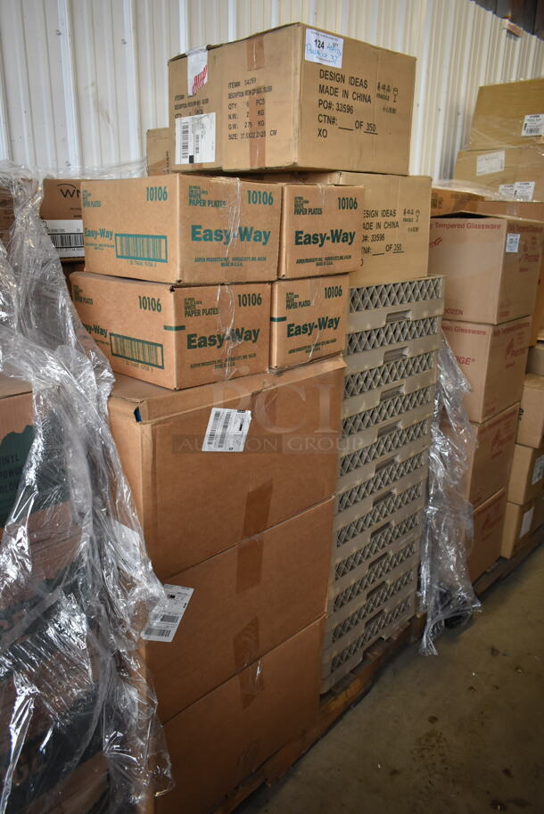 PALLET LOT of 37 BRAND NEW! Dish Caddies and Boxes Including EasyWay Paper Plates, 33596, CaterLine WNA CaterLine Tongs. 37 Times Your Bid!
