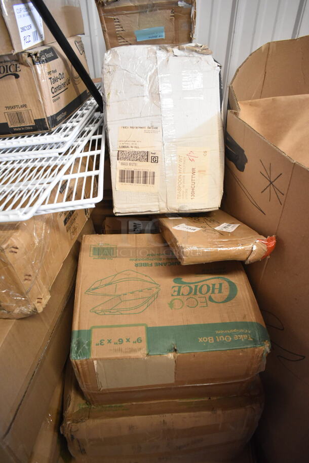 PALLET LOT of 20 BRAND NEW Boxes Including 286C12OR Creative Converting 28191071 12 oz. Sunkissed Orange Plastic Cup - 240/Case, 795KFTL4PE Choice 4 oz. Round PET Take-Out Lid - 1000/Case, 164TB2222 Lancaster Table & Seating 22" x 22" Cross Cast Iron Table Base Plate, 128HDLDBULK ChoiceHD Microwavable Translucent Plastic Deli Container Lid - 480/Case, 164HIGHBKDNAT Bar Height High Chair, EcoChoice Take Out Boxes. 20 Times Your Bid!  - Image 6 of 6