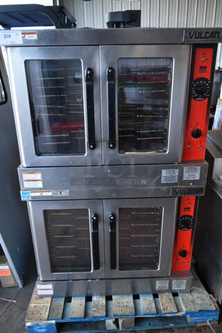 2 LIKE NEW! Vulcan VC4ED Stainless Steel Commercial Electric Powered Full Size Convection Ovens w/ View Through Doors, Metal Oven Racks and Thermostatic Controls. 208 Volts, 3/1 Phase. 2 Times Your Bid!