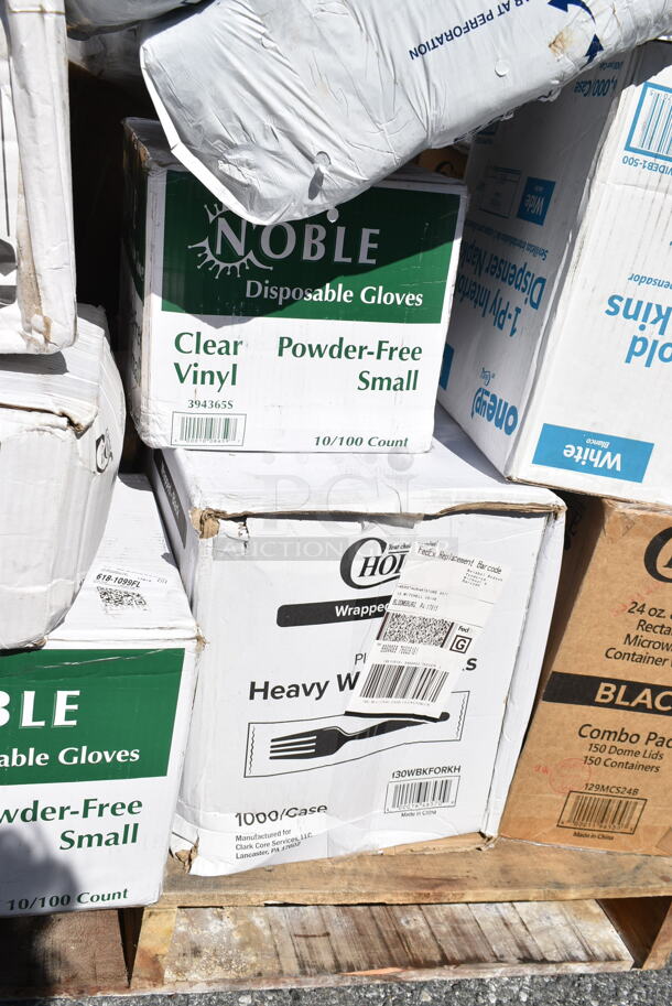 PALLET LOT of 22 BRAND NEW Boxes Including 50020CAFE Choice 20 oz. Café Print Poly Paper Hot Cup - 600/Case, NC12S Fabri-Kal NC12S Nexclear 12 / 14 oz. Clear Customizable Squat Plastic Cup - 1000/Case, 966UPWIDEB1-500 OneUp by Choice White 1-Ply Wide Interfold 6 1/2" x 8 1/2" Dispenser Napkin - 6000/Case, 346WKFSNSPM Medium Weight Wrapped Plastic Cutlery Pack with Napkin and Salt / Pepper, 130WBKFORKH Choice Black Heavy Weight Wrapped Plastic Fork - 1000/Case, 129MCS24B Choice 24 oz. Black Rectangular Microwavable Heavy Weight Container with Lid 8" x 5 1/4" x 2" - 150/Case, 347DC7 Choice 7 oz. Clear Plastic 1-Piece Dessert Cup - 200/Case, 128HD8BULK Choice Heavy Duty 8 oz. Microwavable Translucent Plastic Deli Container - 480/Case, 795PTOWHT1 Choice White Microwavable Folded Paper #1 Take-Out Container 4 3/8" x 3 1/2" x 2 1/2" - 450/Case, 129MCS323CW Choice 36 oz. White 9 3/4" x 7 1/4" x 2" 3-Compartment Rectangular Microwavable Heavy Weight Container with Lid - 150/Case, 129MCS24B Choice 24 oz. Black Rectangular Microwavable Heavy Weight Container with Lid 8" x 5 1/4" x 2" - 150/Case. 22 Times Your Bid!  - Image 10 of 12