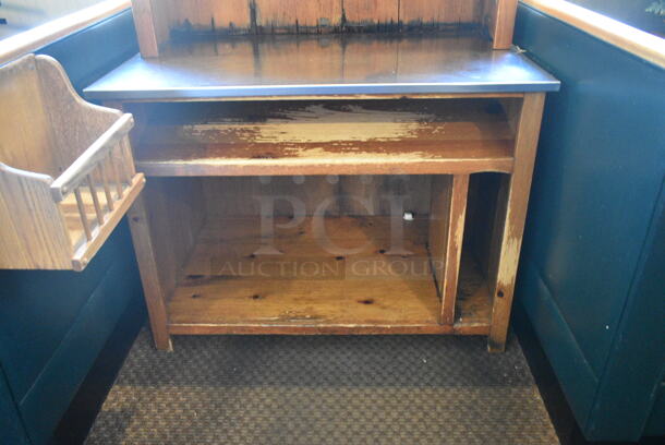 Wooden Table w/ Bookshelf. BUYER MUST REMOVE: Bring Tools and Manpower Needed To Remove This Item. (booth room)  - Image 2 of 4