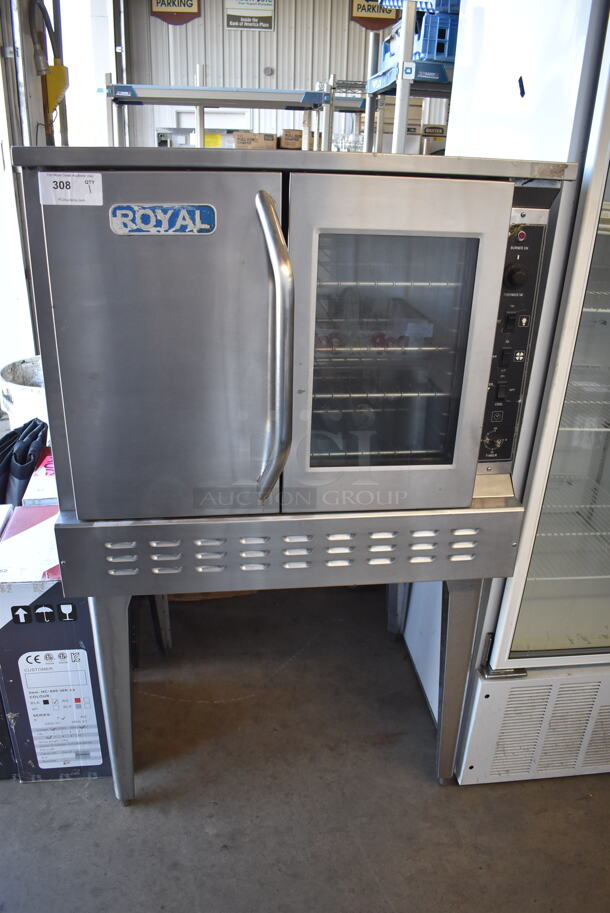 Royal RCOS-1 Stainless Steel Commercial Natural Gas Powered Full Size Convection Oven w/ View Through Door, Solid Door and Metal Racks on Metal Legs. 38x38x63
