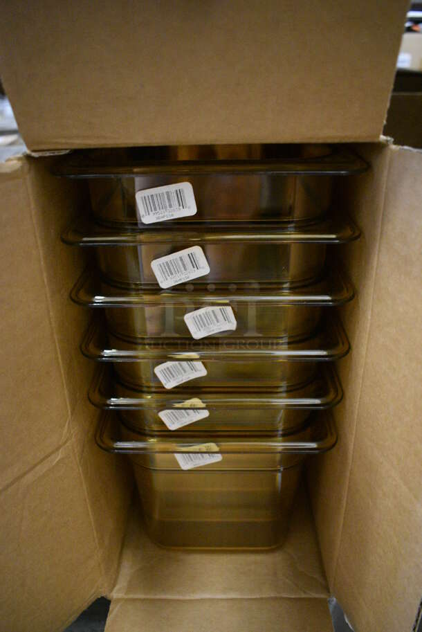 ALL ONE MONEY! Lot of 6 BRAND NEW IN BOX! Cambro Amber Colored Poly 1/3 Size Drop In Bins. 1/3x6