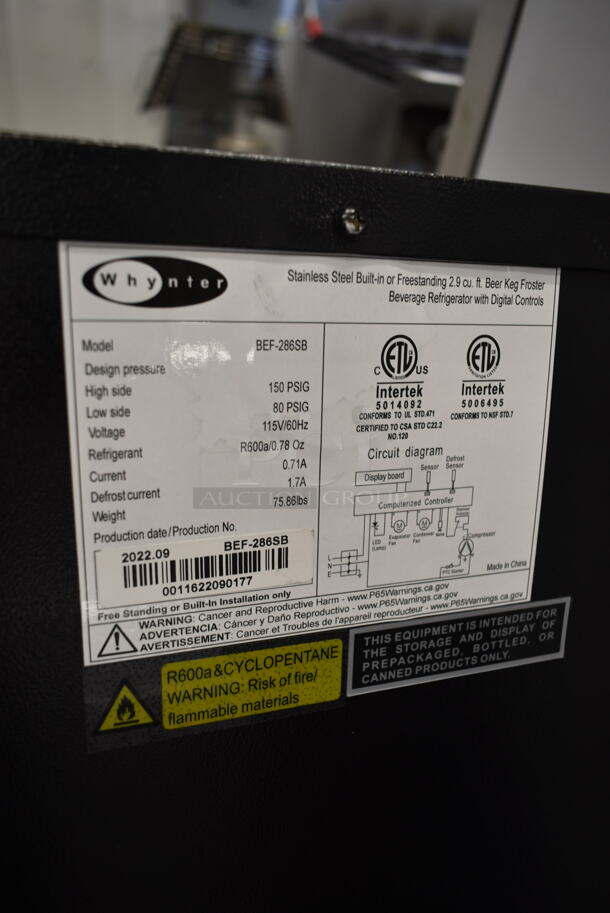 BRAND NEW SCRATCH AND DENT! Whynter BEF-286SB Stainless Steel Built-in or Freestanding 2.9 cu ft. Beer Keg Froster Beverage Refrigerator. 115 Volts, 1 Phase. Tested and Working! - Image 4 of 4