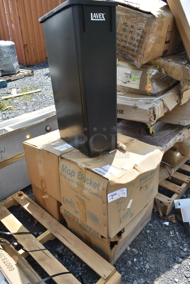 5 BRAND NEW SCRATCH AND DENT! Items; 2 Lavex 274MOPBCKTYE 35 Qt. Yellow Mop Bucket & Side Press Wringer Combo, 2 Lavex 274MOPBCKTDN 35 Qt. Yellow Mop Bucket and Down Press Wringer Combo, Lavex Black Slim Jim Trash Can. 5 Times Your Bid!  - Image 2 of 8