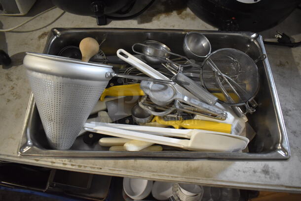 ALL ONE MONEY! Lot of Various Utensils 
Including Dishers in Stainless Steel Full Size Drop In Bin. 