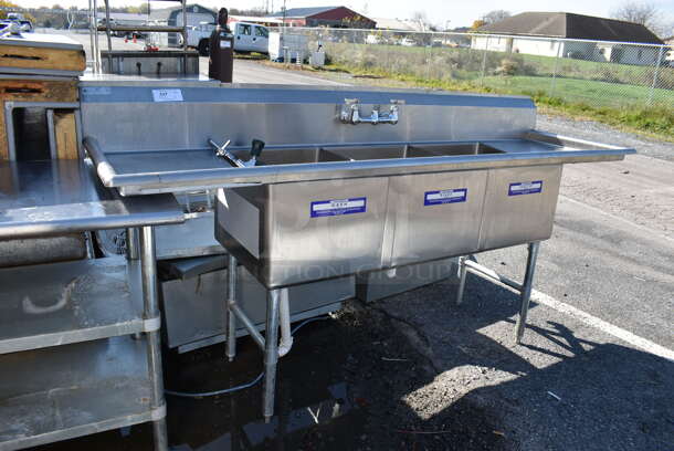 Stainless Steel Commercial 3 Bay Sink w/ Dual Drain Boards, Faucet, Handles and Spray Nozzle Attachment. 90x27x45. Bays 18x21x14. Drain Boards 16x23x1 - Image 4 of 6