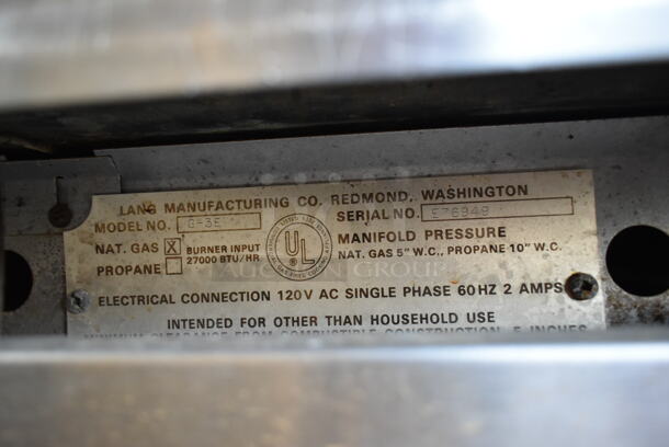 Lang G-3E Stainless Steel Commercial Natural Gas Powered Flat Top Griddle w/ Metal Under Shelf on Commercial Casters. 27,000 BTU.  - Image 5 of 5