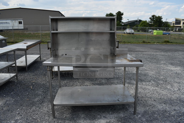 Stainless Steel Table w/ Over Shelf, Drawer and Under Shelf. 62x36x67