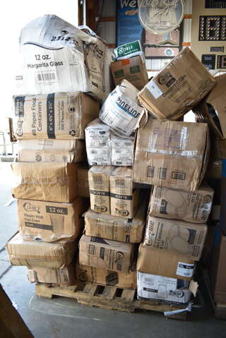 PALLET LOT of 45 BRAND NEW Boxes Including Tork 2461200 Tork Advanced T24 Individually Wrapped 2-Ply Standard 500 Sheet Toilet Paper Roll 4" x 3 3/4" - 80/Case, 2 Box Dart 95HT3R 9 1/2" x 9" x 3" White Foam Three-Compartment Square Take Out Container with Hinged Lid - 200/Case, 127P2C Choice Clear Plastic Souffle Cup / Portion Cup - 2 oz. - 2500/Case, 5080-BK Fineline 9.7" 80 oz Pete Salad Bowls, 5002DNAP Choice White 2-Ply Dinner Napkin 17" x 15" - 3000/Case, Flairware 12 oz Margarita Glasses, 394365L Noble Products Powder-Free Disposable Clear Vinyl Gloves for Foodservice - Large - 1000/Case, Dart ClearPac SafeSeal 12 oz. Tamper-Resistant, Tamper-Evident Hinged Container with Flat Lid - 200/Case, Bell Marque 00200 Napkins, Round Foil Board Lids, 347TCL10 Choice 10 oz. Clear Disposable Plastic Tumbler - 500/Case, 2 Box 128HD16COMBO ChoiceHD Microwavable Plastic Deli Container, Choice 5 oz Dessert Cups, 4 Box 130WSPOON Choice Medium Weight White Plastic Teaspoon - 1000/Case, 2 Box 129MCR16B Dart ClearPac SafeSeal 12 oz. Tamper-Resistant, Tamper-Evident Hinged Container with Flat Lid - 200/Case, 128HDLDBULK ChoiceHD Microwavable Translucent Plastic Deli Container Lid - 480/Case, 500MF883B1C Choice 8" x 8" 1-Compartment Microwaveable Black Mineral-Filled Plastic Hinged Take-Out Container - 150/Case, 50012RIPKRPE Choice 12 oz. Double Wall Ripple Kraft Paper Hot Cup - 500/Case, 795PTOKFT8 Choice Kraft Microwavable Folded Paper #8 Take-Out Container 6" x 4 3/4" x 2 1/2" - 300/Case, 500L1020B Choice Black Hot Paper Cup Travel Lid for 10-24 oz. Standard Cups and 8 oz. Squat Cups - 1000/Case. 45 Times Your Bid!