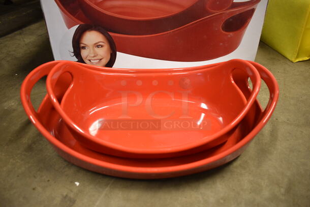 BRAND NEW IN BOX! Set of 2 Red Ceramic Oven Safe Pans w/ Handles. 14x10x4, 11.5x7.5x1.5