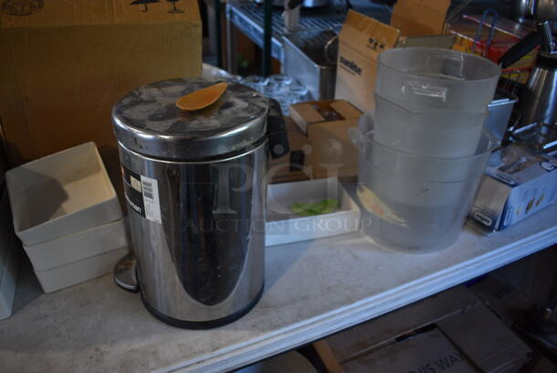 ALL ONE MONEY! Lot of Tabletop Lot of Various Items Including Dishes, Trash Can, Poly Bins, Metal Baking Pans and Metal Baskets. Does Not Include Table. - Image 3 of 10