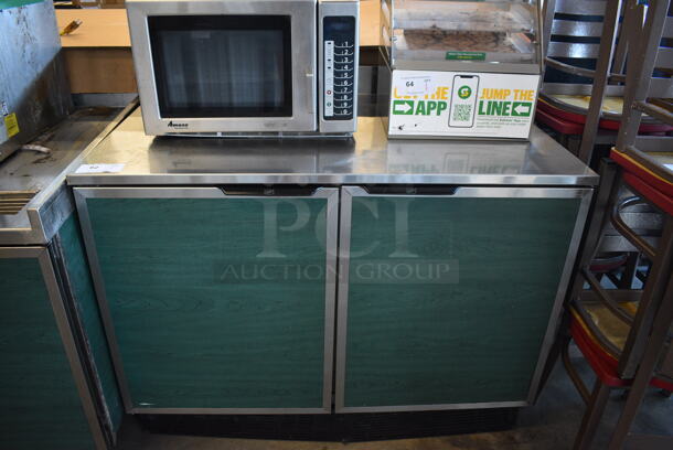 Duke Model RUF-48 M Stainless Steel Commercial Work Top 2 Door Cooler w/ 2 Green Wood Pattern Doors and Poly Coated Racks on Commercial Casters. 120 Volts, 1 Phase. 48x30x40. Tested and Working!