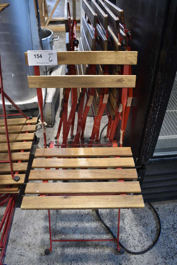 6 Wooden Plank Dining Chairs on Red Metal Frame. 15.5x13.5x32. 6 Times Your Bid!