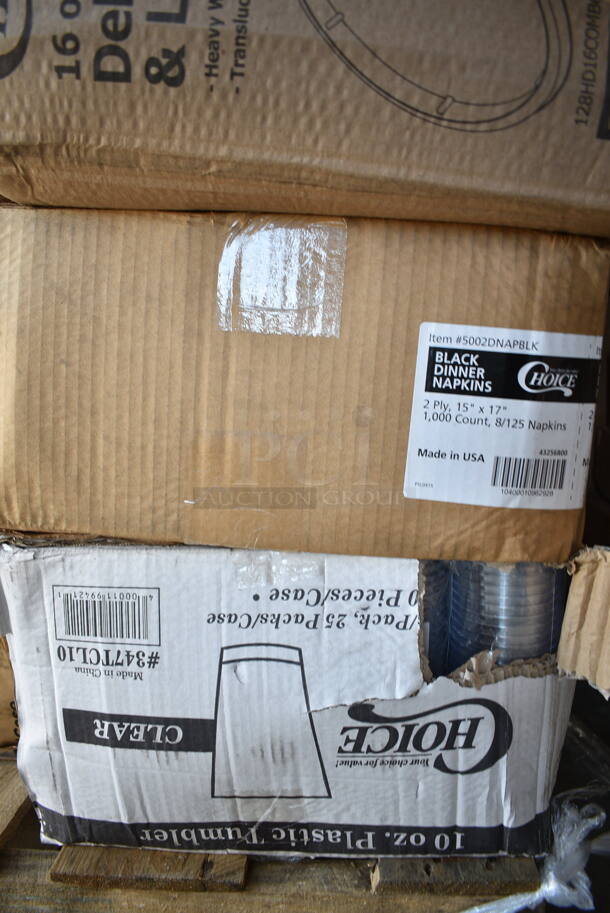PALLET LOT of 45 BRAND NEW Boxes Including Tork 2461200 Tork Advanced T24 Individually Wrapped 2-Ply Standard 500 Sheet Toilet Paper Roll 4" x 3 3/4" - 80/Case, 2 Box Dart 95HT3R 9 1/2" x 9" x 3" White Foam Three-Compartment Square Take Out Container with Hinged Lid - 200/Case, 127P2C Choice Clear Plastic Souffle Cup / Portion Cup - 2 oz. - 2500/Case, 5080-BK Fineline 9.7" 80 oz Pete Salad Bowls, 5002DNAP Choice White 2-Ply Dinner Napkin 17" x 15" - 3000/Case, Flairware 12 oz Margarita Glasses, 394365L Noble Products Powder-Free Disposable Clear Vinyl Gloves for Foodservice - Large - 1000/Case, Dart ClearPac SafeSeal 12 oz. Tamper-Resistant, Tamper-Evident Hinged Container with Flat Lid - 200/Case, Bell Marque 00200 Napkins, Round Foil Board Lids, 347TCL10 Choice 10 oz. Clear Disposable Plastic Tumbler - 500/Case, 2 Box 128HD16COMBO ChoiceHD Microwavable Plastic Deli Container, Choice 5 oz Dessert Cups, 4 Box 130WSPOON Choice Medium Weight White Plastic Teaspoon - 1000/Case, 2 Box 129MCR16B Dart ClearPac SafeSeal 12 oz. Tamper-Resistant, Tamper-Evident Hinged Container with Flat Lid - 200/Case, 128HDLDBULK ChoiceHD Microwavable Translucent Plastic Deli Container Lid - 480/Case, 500MF883B1C Choice 8" x 8" 1-Compartment Microwaveable Black Mineral-Filled Plastic Hinged Take-Out Container - 150/Case, 50012RIPKRPE Choice 12 oz. Double Wall Ripple Kraft Paper Hot Cup - 500/Case, 795PTOKFT8 Choice Kraft Microwavable Folded Paper #8 Take-Out Container 6" x 4 3/4" x 2 1/2" - 300/Case, 500L1020B Choice Black Hot Paper Cup Travel Lid for 10-24 oz. Standard Cups and 8 oz. Squat Cups - 1000/Case. 45 Times Your Bid! - Image 9 of 12