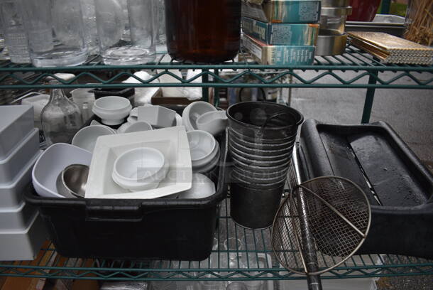 ALL ONE MONEY! Lot of Green Finish 4 Tier Shelving Unit on Commercial Casters w/ All Contents Including Glasses, Poly Bins, Bar Mats. BUYER MUST DISMANTLE. PCI CANNOT DISMANTLE FOR SHIPPING. PLEASE CONSIDER FREIGHT CHARGES. 60x24x80 - Image 6 of 10