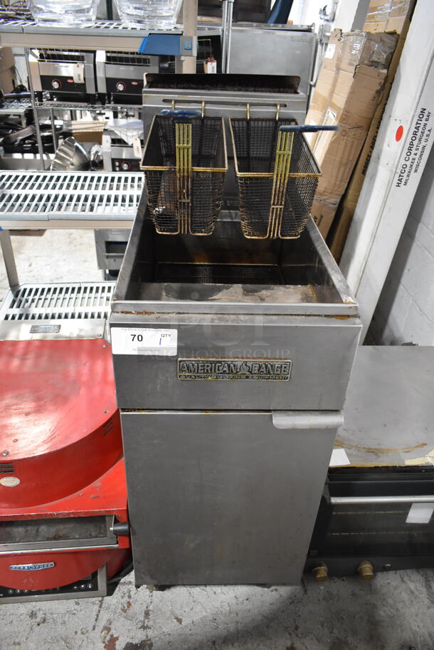 American Range Stainless Steel Commercial Natural Gas Powered Floor Style Deep Fat Fryer on Commercial Casters. 