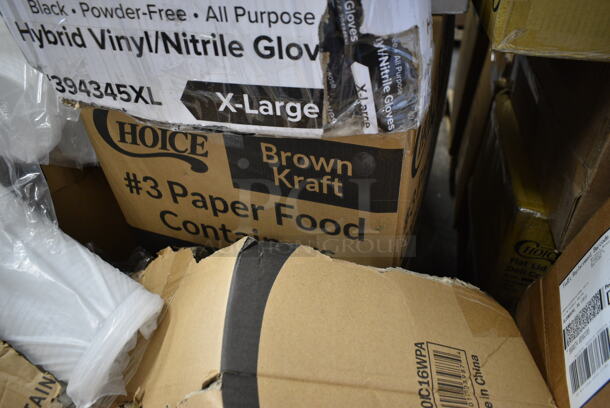 PALLET LOT of 20 BRAND NEW Boxes Including 394345XL Noble NexGen Powder-Free Disposable Black Hybrid 3 Mil Thick Gloves XL, 760IC16WPA Choice 1 Pint White Paper Double-Wall Frozen Yogurt / Food Cup with Paper Lid, Choice 4 oz Portion Cups, 966UPWIDEKFT OneUp by Choice Kraft 2-Ply Wide Interfold 6 1/2" x 8 1/2" Dispenser Napkin - 6000/Case, 47RP7BKSS Visions Wave 7" Round Plates. 20 Times Your Bid!  - Image 3 of 9