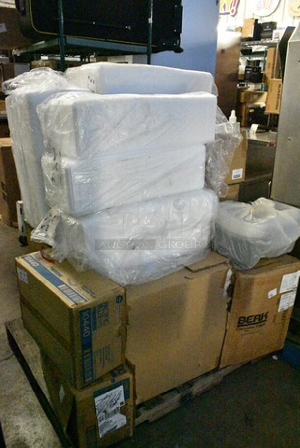 PALLET LOT of 22 BRAND NEW Boxes Including 29501 2 Cup Drink Carrier, Bell Marque Napkins, ClearView MealMaster Microwaveable Containers, 2 Boxes Wish 60209A Hand Sanitizer, Gift Bag Vogue, 4558022022 32 oz Iced Tea Cups, Pacific Blue 10440 Dispenser, 37410KWHITE Foam White Trays. 22 Times Your Bid!  - Image 1 of 12