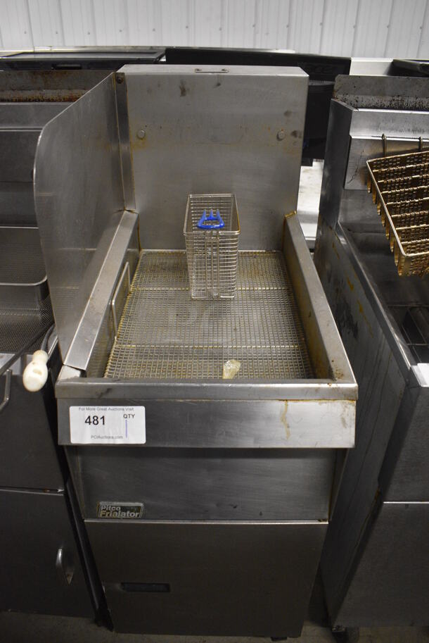 Pitco Frialator Model BB14G Stainless Steel Commercial Floor Style Dumping Station w/ Left Side Splash Guard and Basket on Commercial Casters. 16x31.5x47