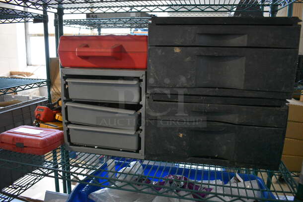 ALL ONE MONEY! Tier Lot of Various Items Including Tool Belt, Battery Acid Spill Kit, Black Double Drawers and Tools