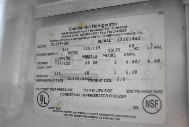 Continental DL1RF-SA Stainless Steel Commercial 2 Half Size Door Reach In Cooler on Commercial Casters. 115 Volts, 1 Phase. Tested and Working! - Image 5 of 5
