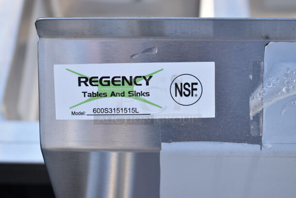 BRAND NEW SCRATCH AND DENT! Regency 600S3151515L Stainless Steel Commercial 3 Bay Sink w/ Left Side Drain Board. Bays 15x15. Drain Board 13.5x17 - Image 9 of 9