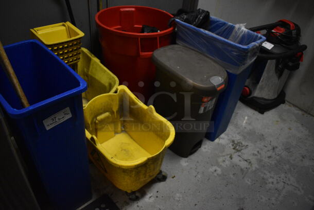 ALL ONE MONEY! Lot of 4 Various Trash Cans, 2 Mop Buckets and 5 Various Bins. Includes 20x11x30. (kitchen)