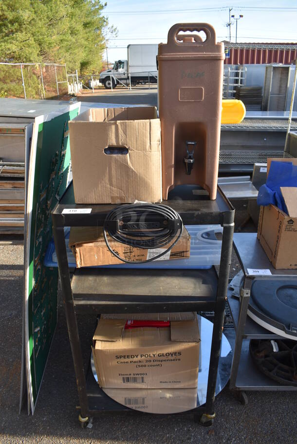 Black Metal AV Cart w/ Contents Including Insulated Beverage Dispenser on Commercial Casters. 25x32x46.5 - Image 1 of 5