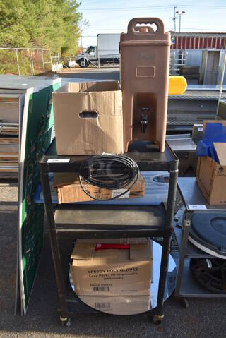 Black Metal AV Cart w/ Contents Including Insulated Beverage Dispenser on Commercial Casters. 25x32x46.5