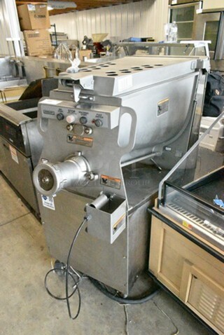 Hobart MG2032 Metal Commercial Floor Style Electric Powered Meat Mixer Grinder w/ Foot Pedal on Commercial Casters. 208 Volts, 3 Phase. Tested and Working!