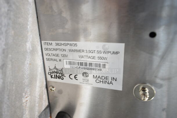BRAND NEW SCRATCH AND DENT! Carnival King 382HSPW35 Stainless Steel Commercial Countertop 3.5 Quart Warmer w/ Pump. 120 Volts, 1 Phase. Tested and Working! - Image 7 of 7