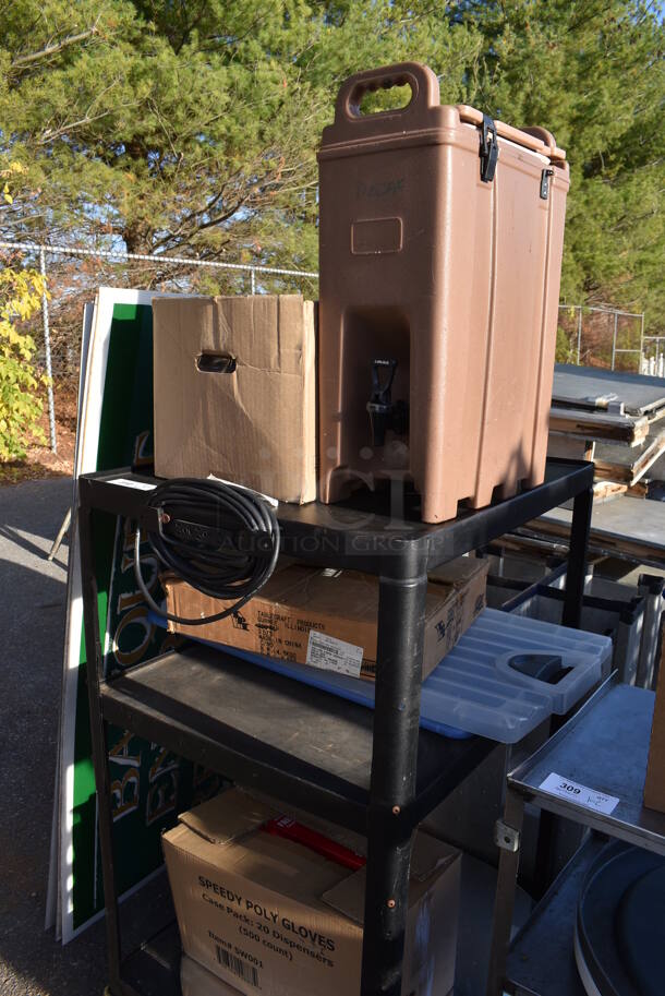 Black Metal AV Cart w/ Contents Including Insulated Beverage Dispenser on Commercial Casters. 25x32x46.5 - Image 5 of 5