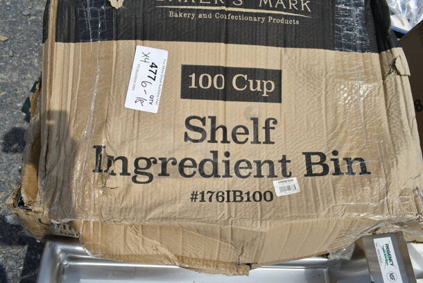 4 BRAND NEW SCRATCH AND DENT! Two Baker's Mark 176IB100 6.3 Gallon / 100 Cup Shelf Ingredient Bin with Flip Lid, Label Sheet, and Scoop, 2 Choice 109CARTBUSBK Black Utility / Bussing Cart with Three Shelves - 32" x 16". 4 Times Your Bid! May Be Missing Pieces. - Image 2 of 3