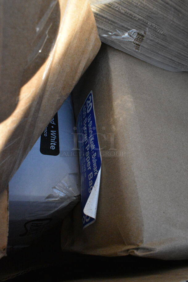 26 BRAND NEW Boxes Including 127CH4F Choice 24 oz. Clear RPET Tall Hinged Deli Container - 200/Case, 2 Box 127CH24F Choice 24 oz. Clear RPET Tall Hinged Deli Container - 200/Case, 500LDOME Choice 9 oz., 12 oz., 16 oz., 20 oz., 24 oz. Clear Dome Lid with 1" Hole - 1000/Case, 245CB12WHITE Choice 12" x 12" x 2" White Customizable Corrugated Plain Pizza Box - 50/Bundle, 245CB12PLN Choice 12" x 12" x 2" Kraft Customizable Corrugated Plain Pizza Box - 50/Case, 346BKFSNSPM Choice Medium Weight Black Wrapped Plastic Cutlery Set with Napkin and Salt and Pepper Packets - 250/Case, 500LFLAT Choice Clear Flat Lid with Straw Slot - 9, 12, 16, 20, and 24 oz. - 1000/Case, 760IC12W Choice 12 oz. White Paper Frozen Yogurt / Food Cup - 1000/Case. 26 Times Your Bid!  - Image 8 of 12