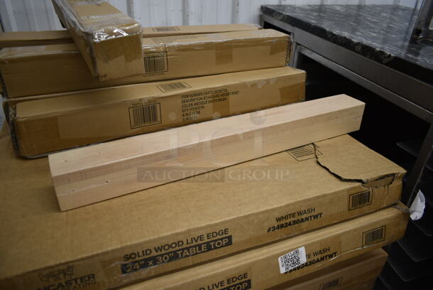 PALLET LOT of 10 BRAND NEW IN BOX! Lancaster Table & Seating 3492424ANTWT 24"x30" Solid Wood Live Edge Tabletop and 18 164TCLWDWTOU Antique White Wash Standard Height Table Legs. - Image 6 of 9