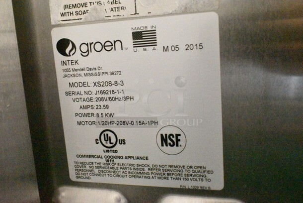 2015 Groen Intek XS208-8-3 Stainless Steel Commercial Electric Powered Single Deck Steam Cabinet on Commercial Equipment Stand w/ Commercial Casters. 208 Volts, 3 Phase. - Image 7 of 7
