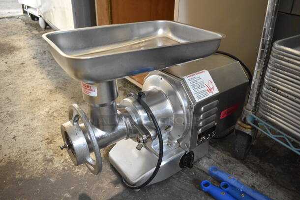 Fleetwood Model H-B2 S Stainless Steel Commercial Countertop Meat Grinder w/ Tray. 115 Volts, 1 Phase. 10x22x16. Tested and Working!